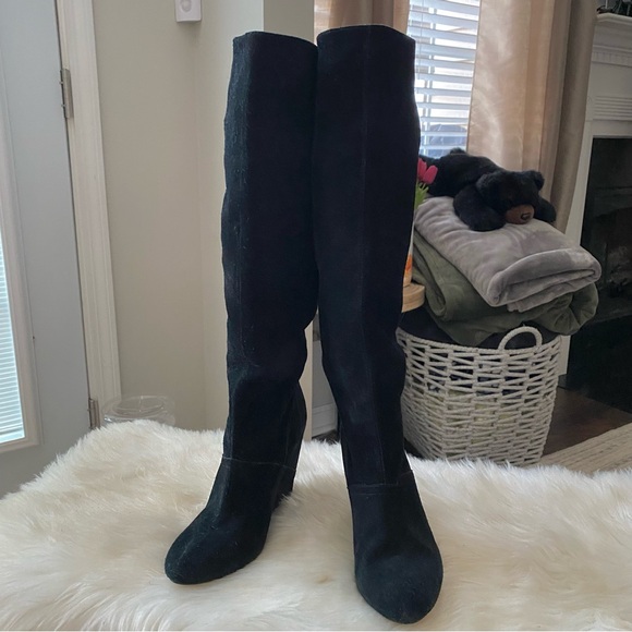 House of Harlow Black Suede Wedge Knee High Boots - Picture 6 of 13
